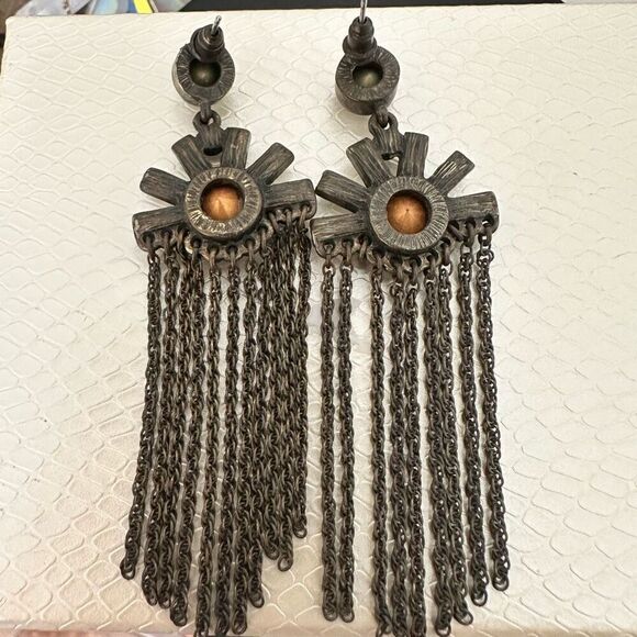 RARE Antique Art Deco Drop Fringe Tassel Stud Pierced Dangle Earrings Silver-ton - Picture 5 of 5